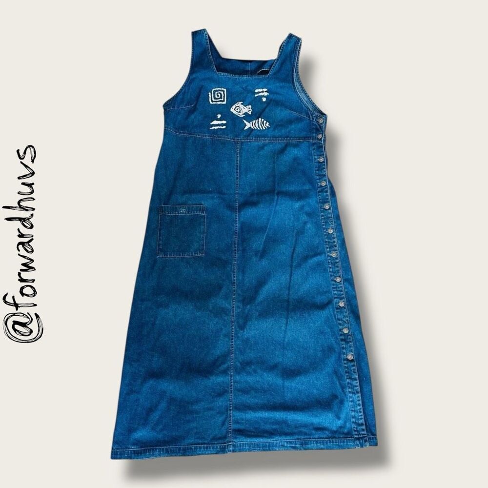 Blue J. Denim Dress – Painted Fish Motif – Side Button Closure – Size M